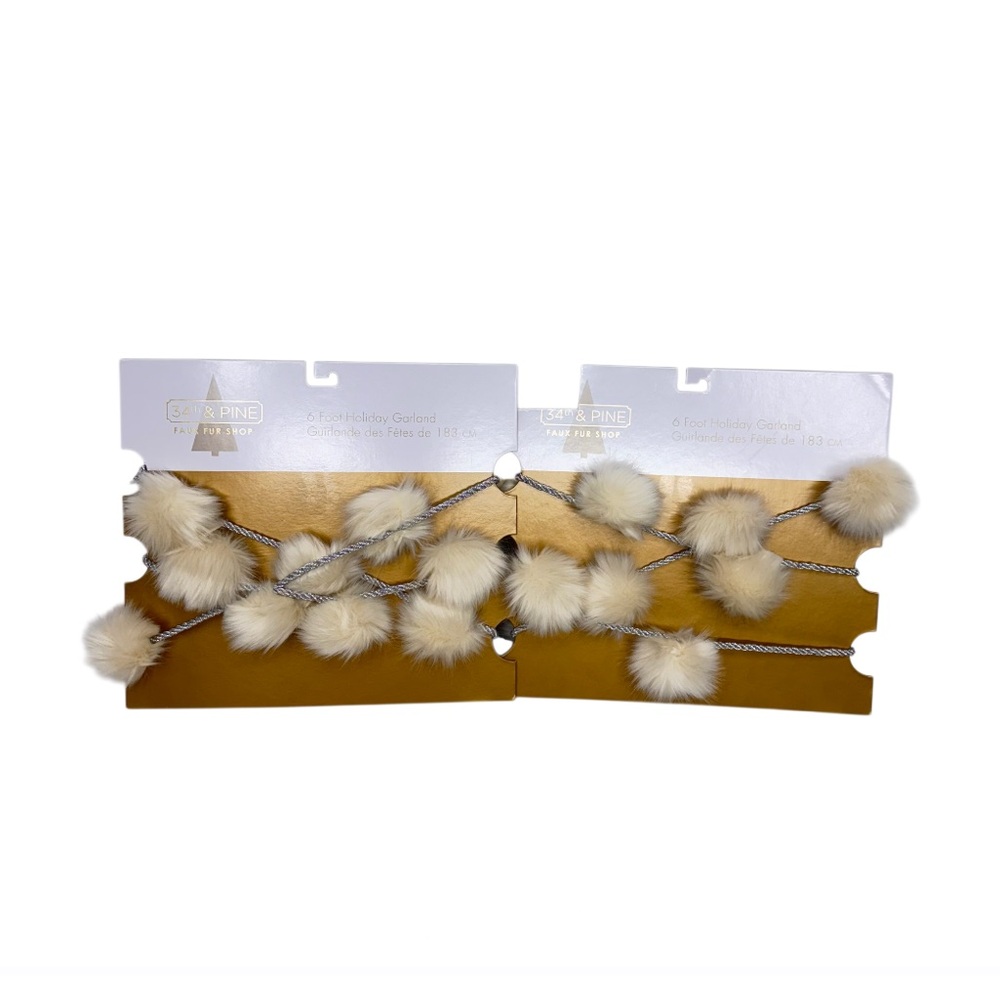 34th & Pine 2PC Set Of 6Ft Garland Cream Faux Fur Baubles Silver Braided Rope